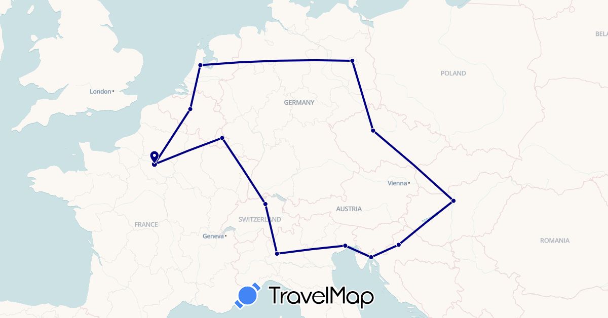 TravelMap itinerary: driving in Belgium, Switzerland, Czech Republic, Germany, France, Croatia, Hungary, Italy, Luxembourg, Netherlands (Europe)